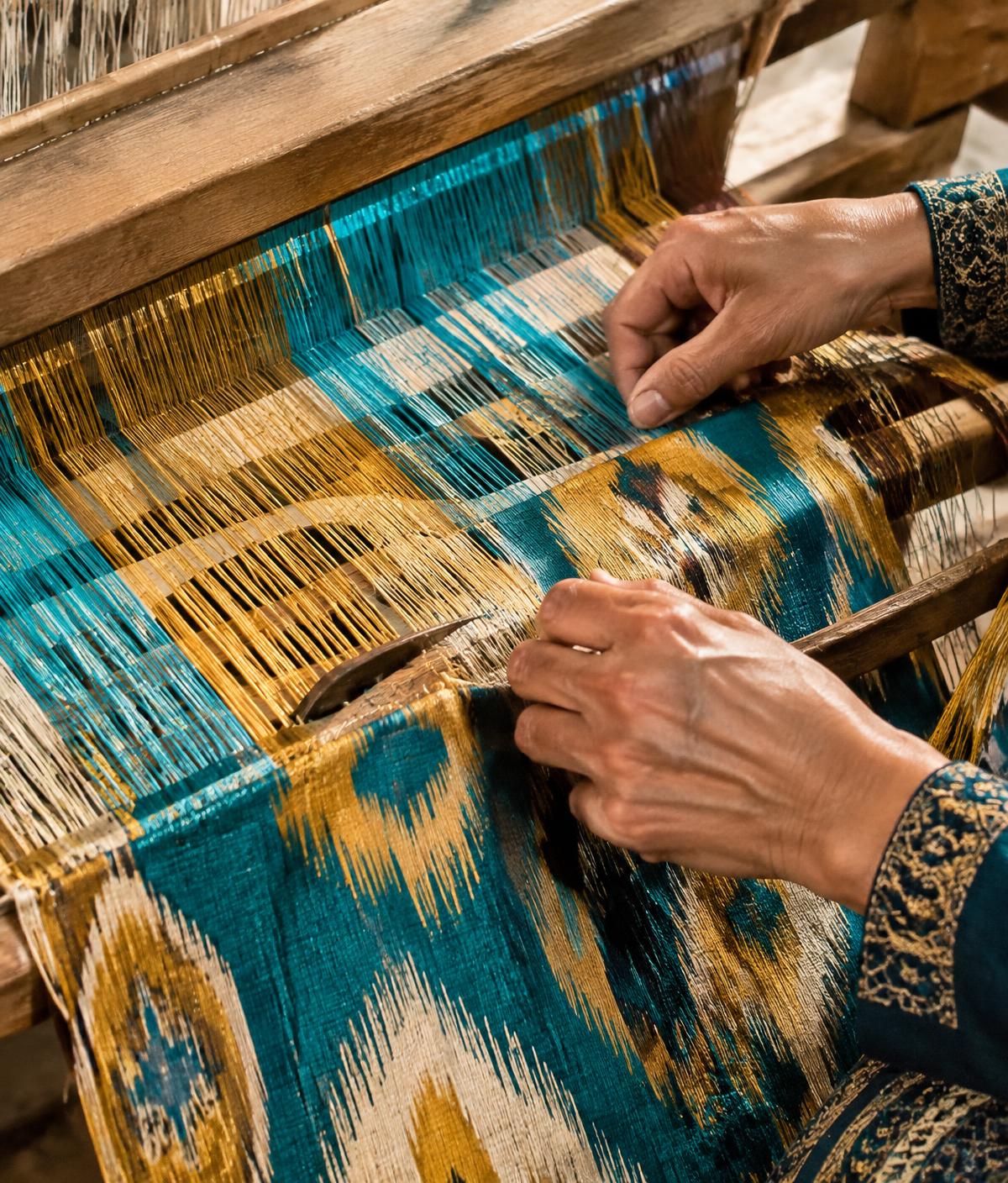 Hands weaving Atlas silk on a loom